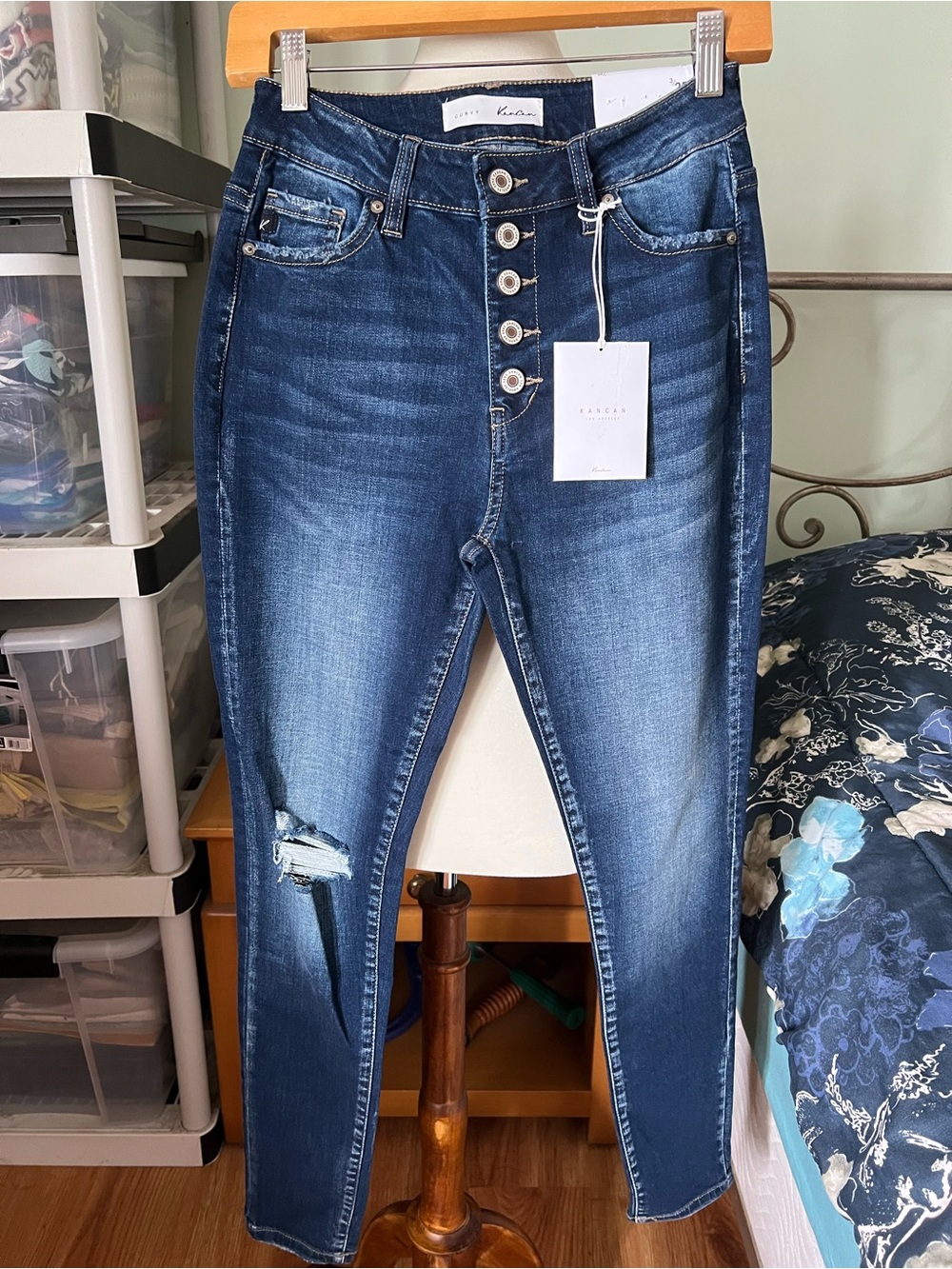 KanCan Women’s 3/25 Curvy High Rise Ankle Dark Blue Button Fly Skinny Jeans